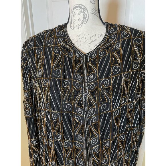 Valarie Stevens Evening black Gold & Silver Beaded Silk Cardigan Vintage 22 - Picture 4 of 15